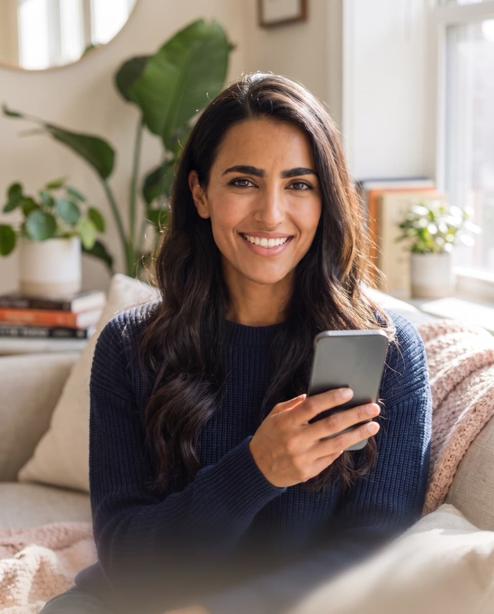 Mujer sonriente revisando planes de salud en su celular